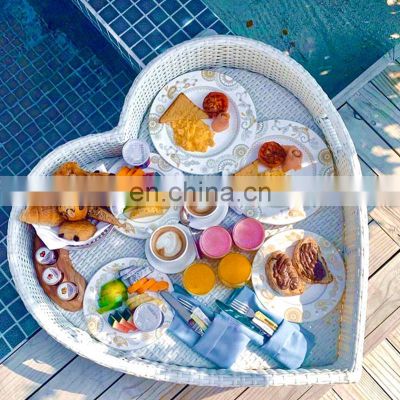 High Quality PE Heart Rattan Floating Pool Tray Hotel Water Floating Breakfast Serving Tray