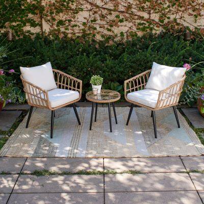 Guangzhou Factory Direct Sale Hana 3-Piece Aluminium Resin Wicker Patio Conversation Set with Linen Cushion