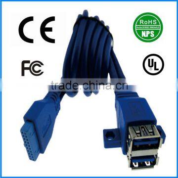 Dual USB3.0 Cable 20Pin Extension Adapter Cable With Mounting Ears Panel Mount Cable