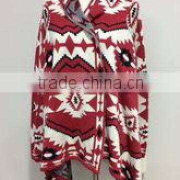 Ladies cable knitting mock poncho cardigan rhombus geometrical pattern sweater