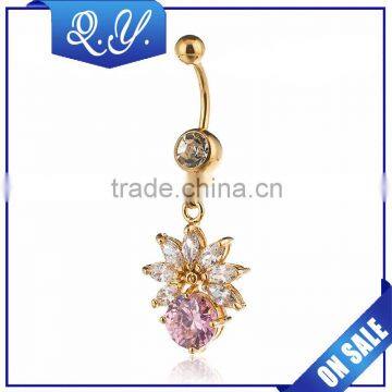 Handmade CZ jewelry shining zircon belly button rings bar belly rings gold plated body fashion piercing button navel flower