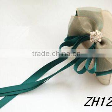 Long Tail Green Satin Ribbon Rhinestone Hair Bows Ponytail Holder Hair Tie Band