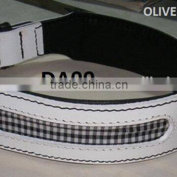 genuine leather white dog collar with square fabric inlay