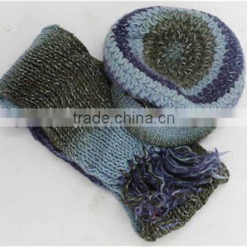 Lady Acrylic Fall/Winter Knitted Multicolors Marching Peaked Cap and Scarf