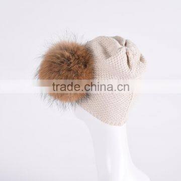 Girls Cotton Knitted Hats With Removable Raccoon Fur Pompoms at Side KZ160091 Supplier's Choice photo-3