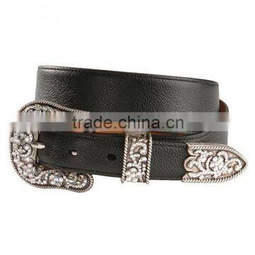 Western cowhide leather cowboy men silver-tone buckle belt rhinestone belts