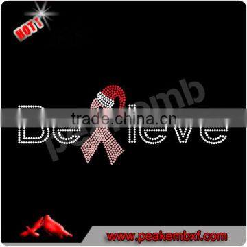 Bling Believe Pink Ribbon Rhinestone Transfer Hot Fix For Clothing