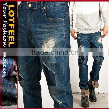 Distressed patchwork accent rust washing jeans scratch washed jeans men washed hole jeans(LOTM068)