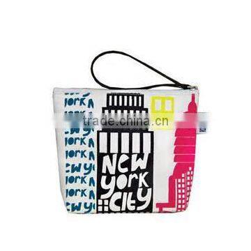 printed cotton canvas small pouch with top zip closure finished with pu tie loop handle.