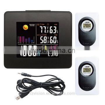 RF Wireless LED Weather Station Clock Black with Backlight Indoor Outdoor Temperature Humidity with 2 transmitters