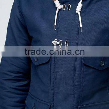 2017 Best Price Durable Press-Stud Fastening Drawstring Hood 100% Cotton Twill Navy Casual Men Winter Jacket photo-3