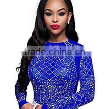 Women Sexy Crewneck Long Sleeve Mesh Rhinestone See Through T Shirt Tops photo-3