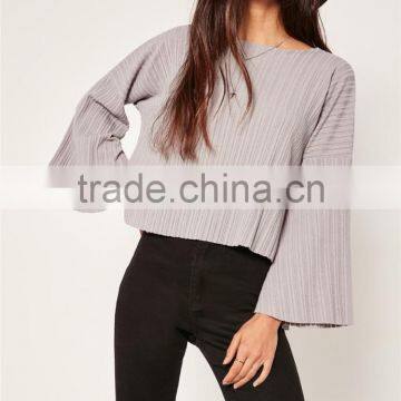 MGOO Custom Made 2017 Fashion Tops Sheer Neck Long Sleeves T-shirt Cotton Spandex Flare Sleeves Manufacturer photo-2