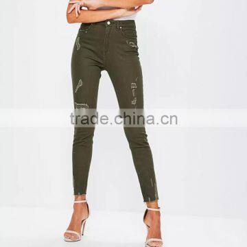 Custom Women High Waist Skinny Pants Khaki Damaged Denim Jeans Wholesale Direct Factory photo-3