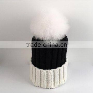 Myfur White Fox Body Fur Thick Fur Pompoms Knitted Adult Beanie Cap