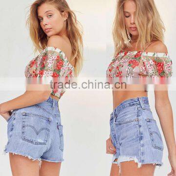 Sexy Mesh Embroidered Floral Tops off Shoulder Ladies Blouse photo-3