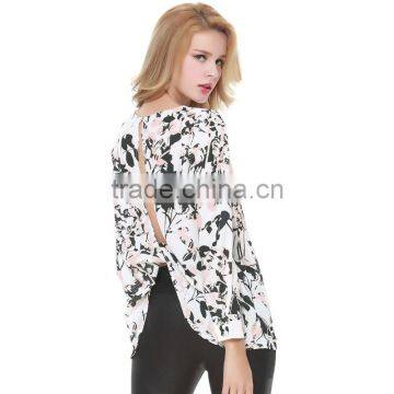 Women's Autumn New Style Back Split Ink Printing Leaves Pattern Long Sleeve Chiffon Shirt photo-3