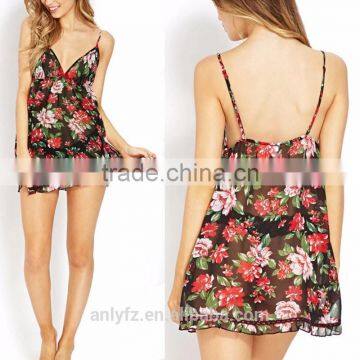 Nighties Deep v Fancy Floral Chiffon Brace Short Dress Trimmed With Agaric Laces