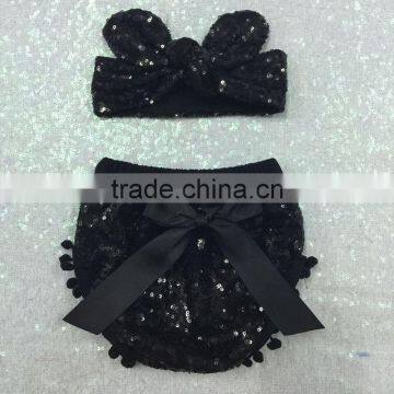 Black sequin baby diaper cover sequin shorts with headband