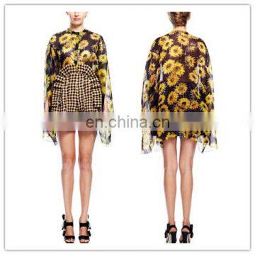 Modern Elegant Sheer Silk Women Top Sunflower Printed Chiffon Cape-style Top (16110902)