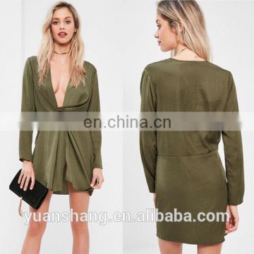 2017 Long Sleeve Mature Women Sexy Satin Wrap Mini Dress For Women