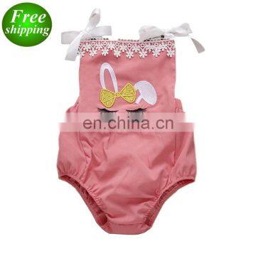 2019 Easter Day Pink Girls Flower Bunny Romper Gold Bow Lace Bodysuits