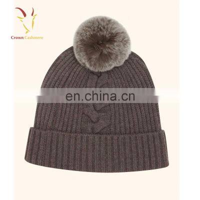 Cashmere 100% Cable Knit Beanie Hat Pom Pom Girl Hat Wholesale photo-4