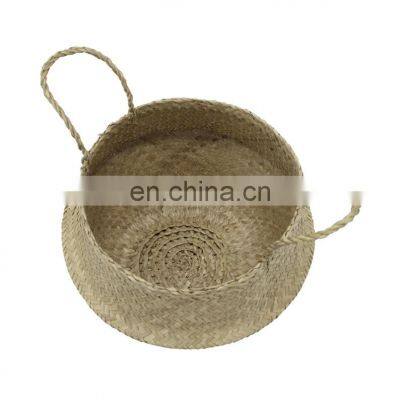 Seagrass Belly Basket, Woven Seagrass Straw Wicker Belly Basket Decorated With Macrame Garland Wholesale