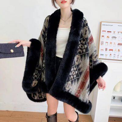 Autumn and Winter Large Loose Imitation Rex Rabbit Fur Collar Slit Design Knitted Fur Cape Warm Cloak photo-5