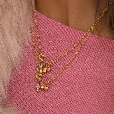 Gold Plated Safety Pin Pendant Necklace for Women Key Lock Cross Charm Necklace Stainless Steel Chain Jewelry Gift photo-4