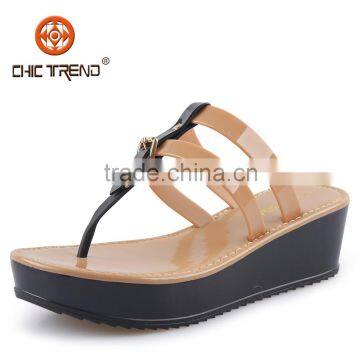 2015 women plastic wedge flip flops Ladies Jelly Stripe PVC Upper Flip Flops Slippers Jelly Wedge Sandals With Buckle