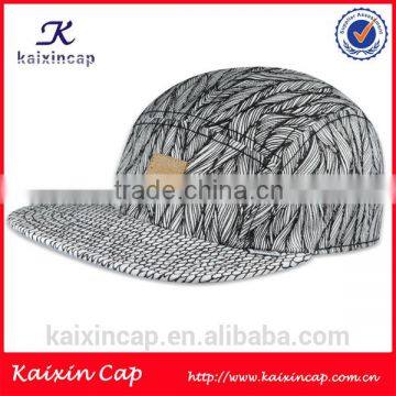 leather patch logo black and white 100% cotton camper hat unisex promotonal adjustable 5 panel snapback cap hat                        
                                                Quality Choice