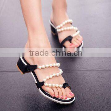 Roman style women sandals thick heel pearls summer shoe Large size bulk shoes with pearls