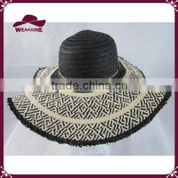 Black and White Paper Straw Floppy Hat With Tassels photo-3