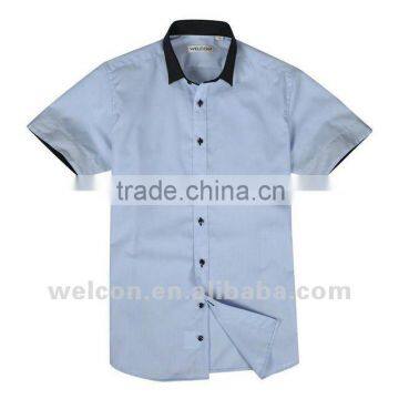 Latest OEM design 100% cotton casual style blue popular short sleeve Korean fashion shirt for men