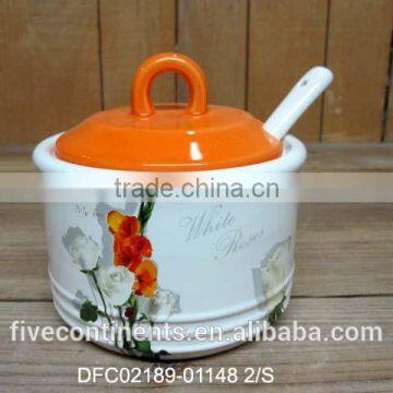 chinese ink flower decal large ceramic sugar pot with spoon