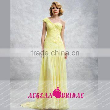 HT5 Simple One Shoulder Sweetheart Evening Gown Floor Length A-Line Sleeveless Yellow Vestido Saida De Praia 2015