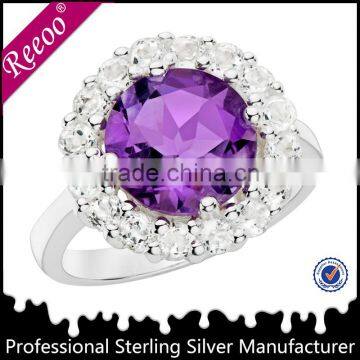 Amethyst surround with Diamond pure silver ring