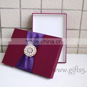 Custom Burgundy wedding invitation boxes with brooch in handmade