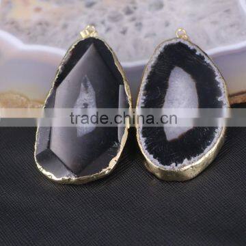 Large Size Black Agate Slice Pendant, Gold Plated Edged Agate Drusy Gemstone Pendant for Jewelry Necklace