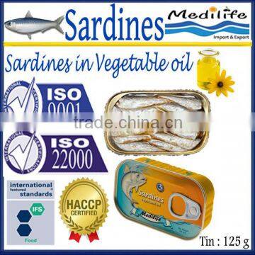 Sardines in Vegetable Oil, Sardines in Vegetable Oil canned, 100% High Quality of Fish, 125 g Tin