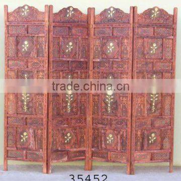 Wooden 4 Pannel Screen Partition / Room Divider Brass Flower Inlay