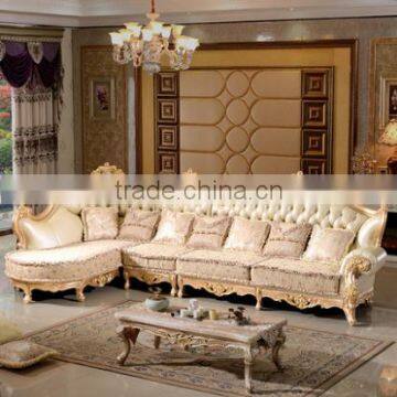 Luxury European Style Solid Wood Golden Carving Genuine Leather Back Matching Fabric Seat Living Room Corner Sofa Set photo-2