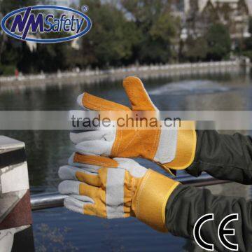 NMSAFETY natural cow split leather double palm work gloves yellow