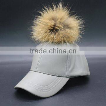 PU Leather Baseball Cap With Fake Foxfeather Pom Pom photo-2