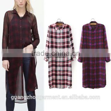 2015 women printed button front Plaid Chiffon long shirt top kimono cardigan blouse