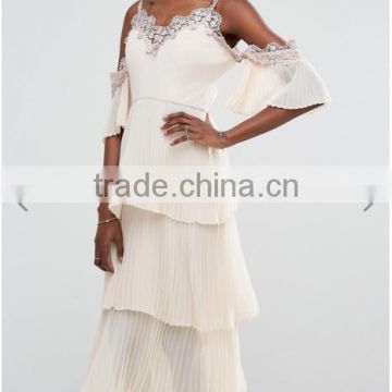 Guangzhou Clothing OEM Embroidered Embellishment Layered Pleated Skirt Dress Patterns Of Latest Fashion Design