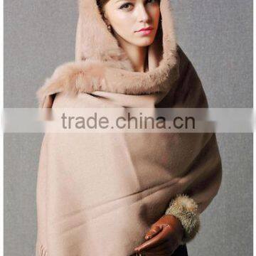 CX-B-P-21 Women Fashion Cashmere Pashmina Shawl With Fur Trim photo-3