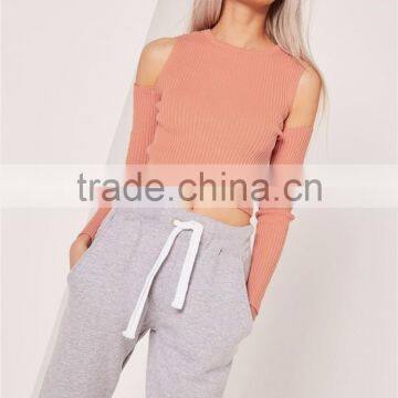 Women Silm Fit Plain Long Sleeve Knitwear High Collar Plain Sweater Cold Shoulder Knitted Crop Top Orange