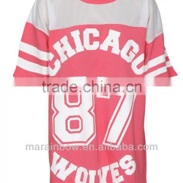 fashion Girls Full size custom Print Mesh Shoulder baseball Varsity T-Shirt in Pink